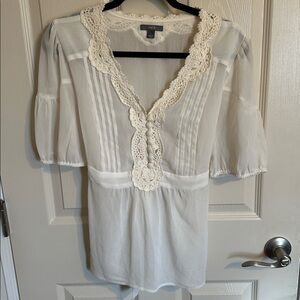 Apt. 9 Vintage Crocheted Lace Trim V Neck Tie Back Blouse, Cream, Sz Large